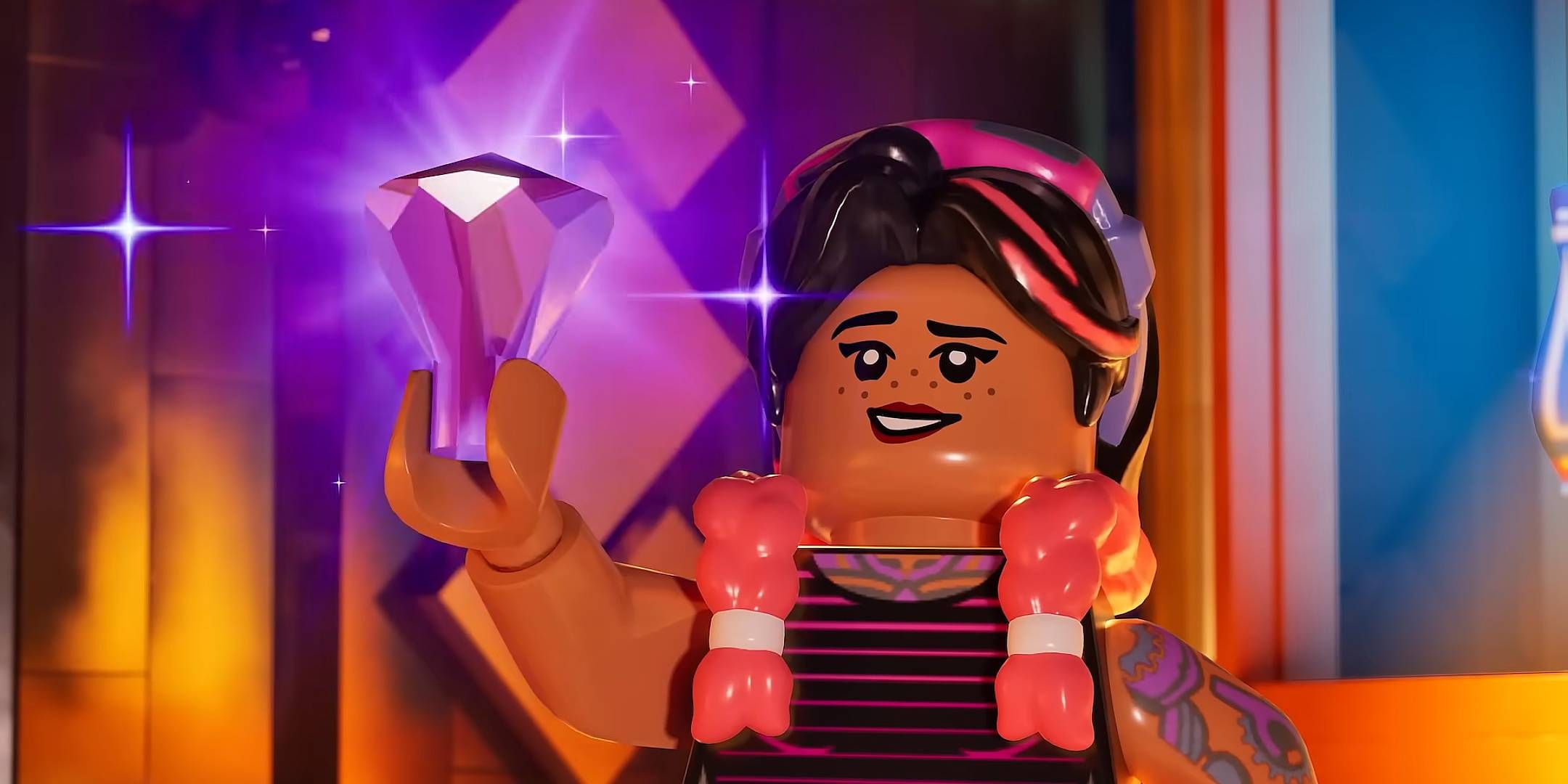 A LEGO character holding a glowing purple crystal in Fortnite Brick Life. 