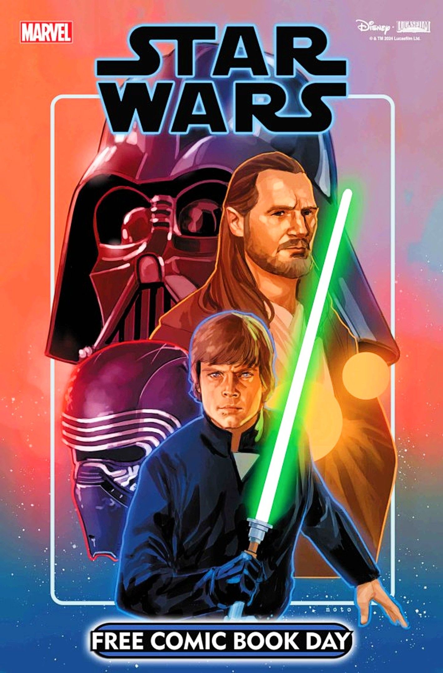 Capa gratuita do Comic Book Day 2025 Star Wars #1, com Luke Skywalker, Qui-Gon Jinn, Vader e muito mais.