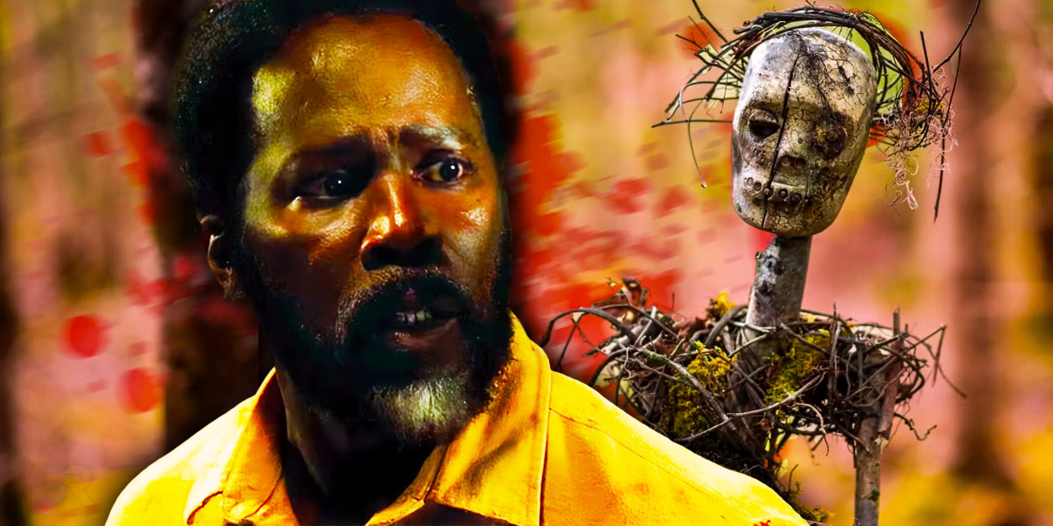 Boyd Stevens (Harold Perrineau) looks shocked while looking at one of creepy statues found at the settlement in From season 3