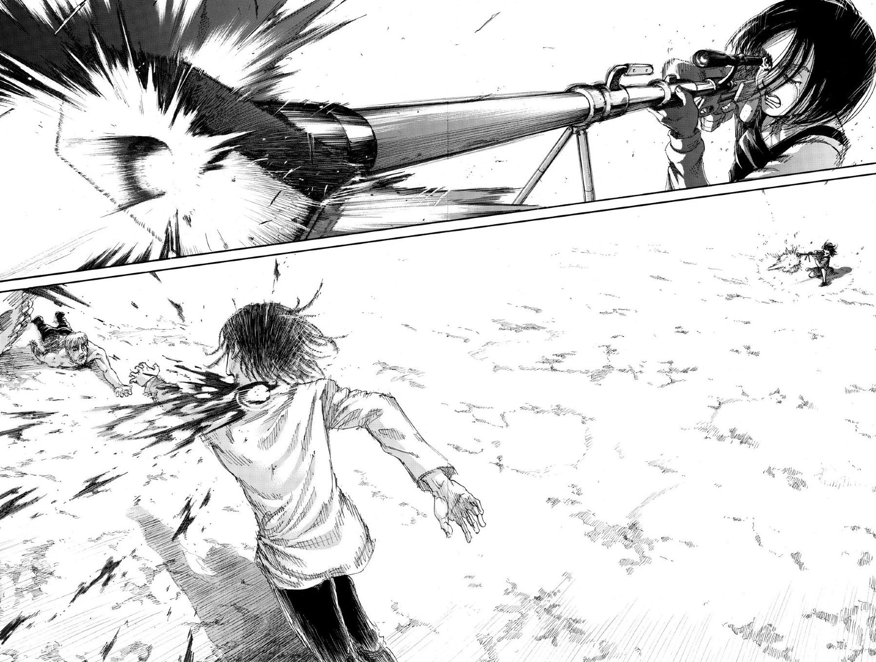 Gabi shooting Eren through the neck with a rifle