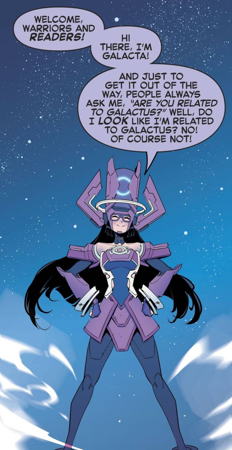 Galacta, the daughter of Galactus, introducing readers to Marvel Rivals.