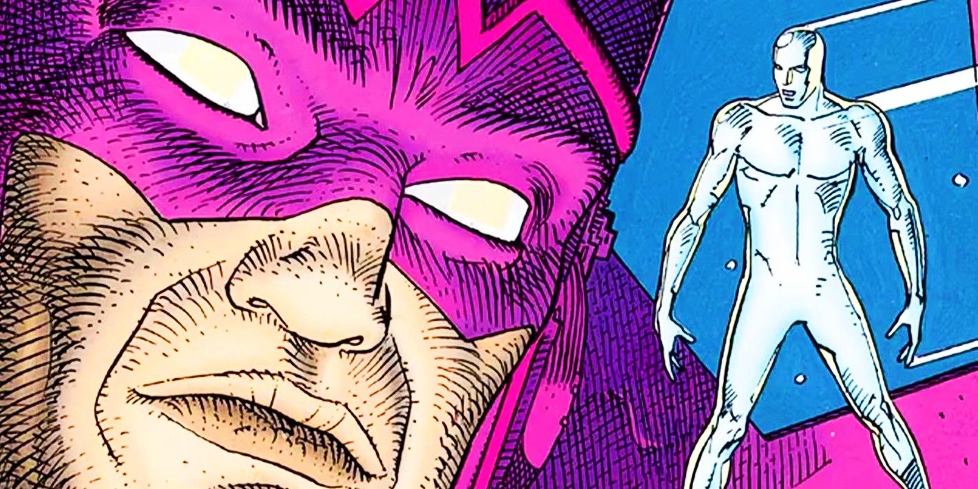 Galactus' huge face (left) and the Silver Surfer (right)