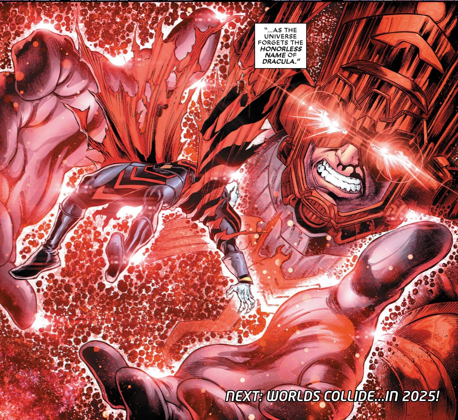 Dracula is suspended in red energy in front of Galactus. 