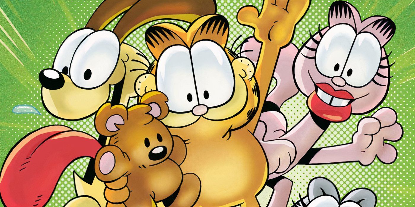 Garfield holding Pooky with Odie and Arlene behind him.