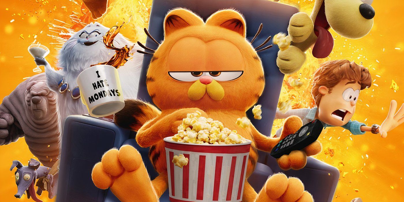 3D animated version of Garfield eating popcorn sitting in a chair with Jon, Odie and others behind him.