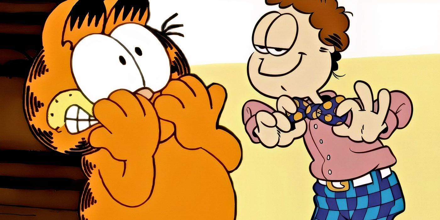Garfield looking scared with Jon showing off his bowtie.