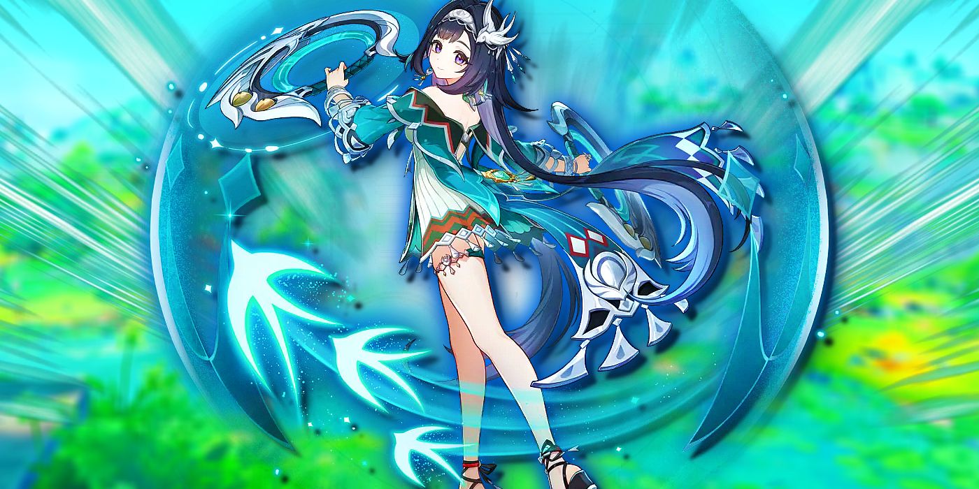 Genshin Impact&rsquo;s Lan Yan poses with her chakrams while surrounded by a shield.