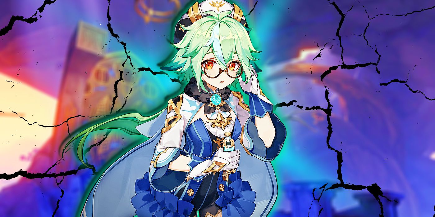 Genshin Impact's Sucrose looks worried as she adjusts her glasses.