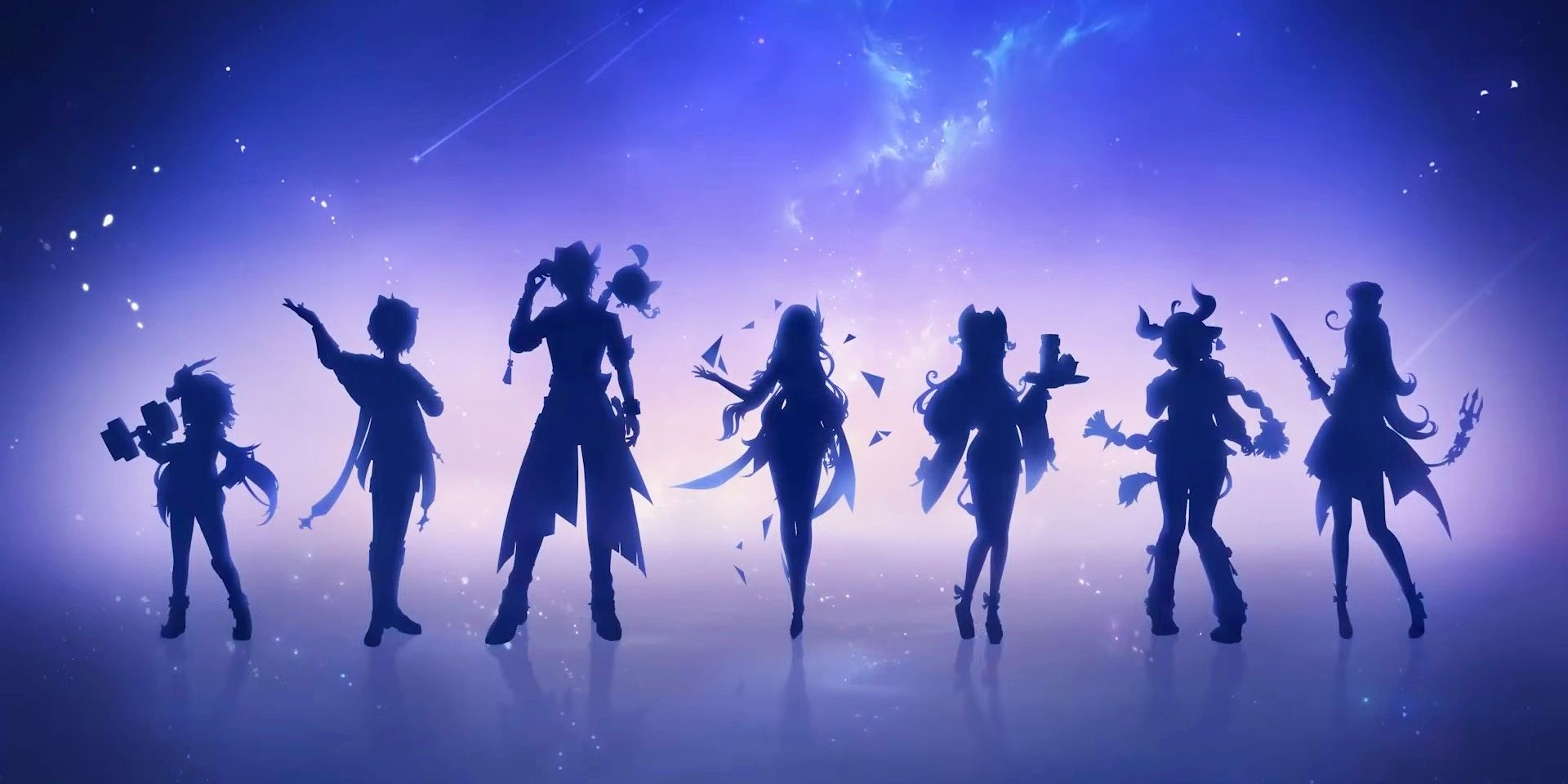 Seven silhouettes of Genshin Impact characters.