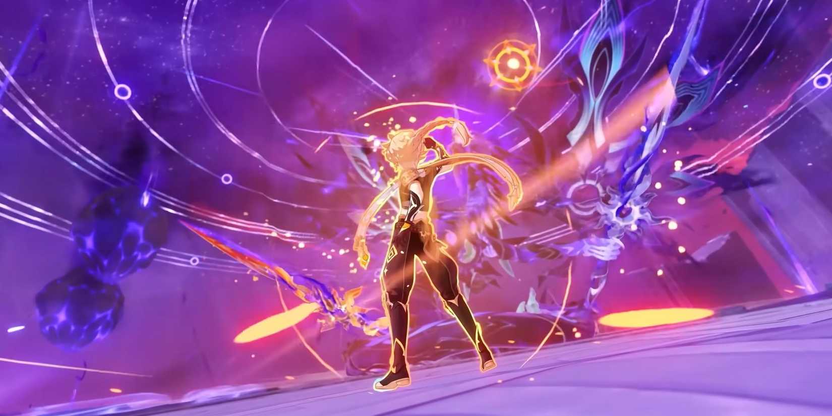 Genshin Impact's Pyro Traveler raises his sword in battle.