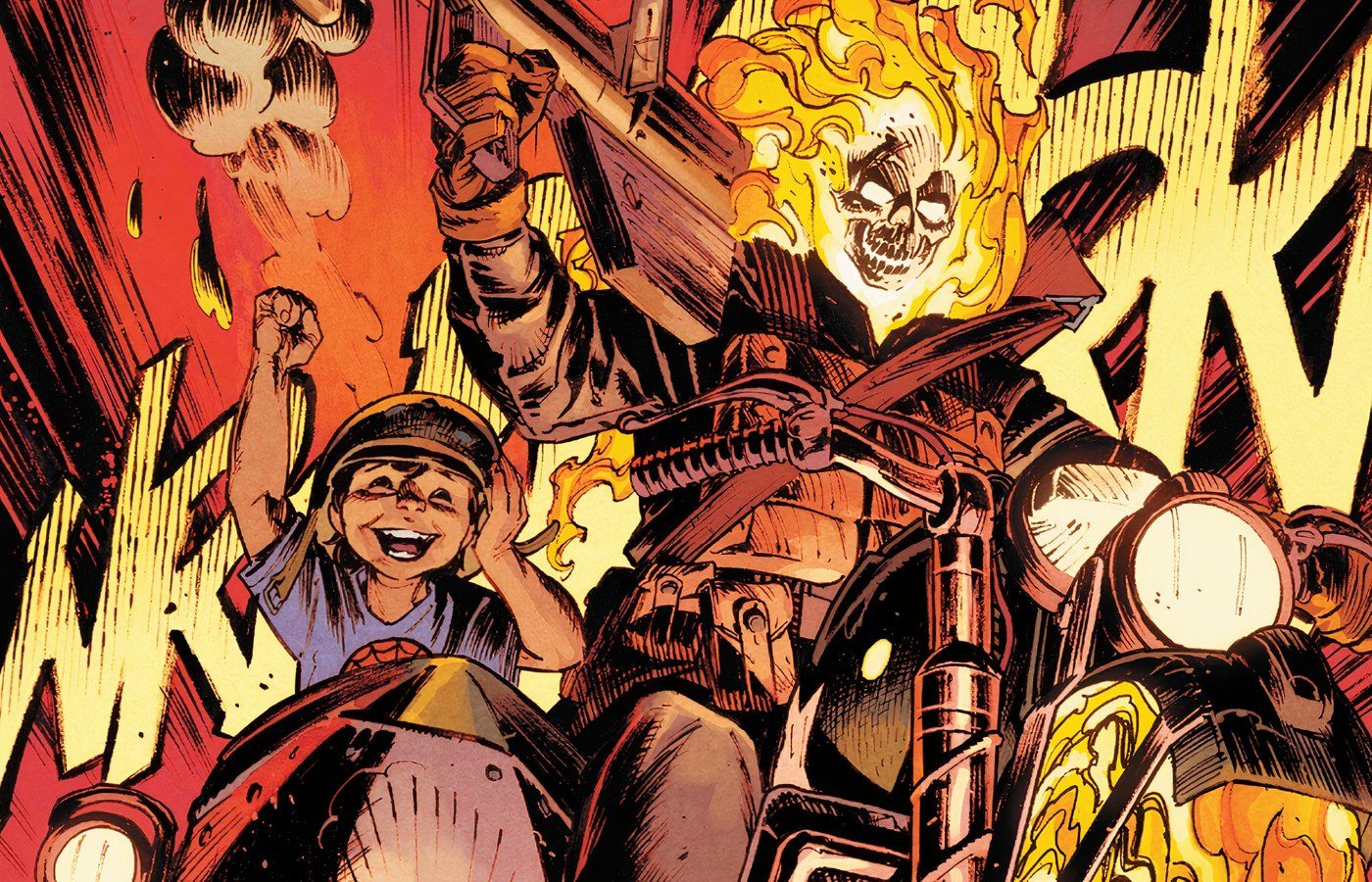 Ghost Rider con Leo, el pequeño al que debe proteger.