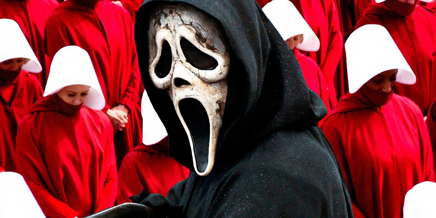 Ghostface from Scream 6 in front of handmaids from The Handmaid&rsquo;s Tale