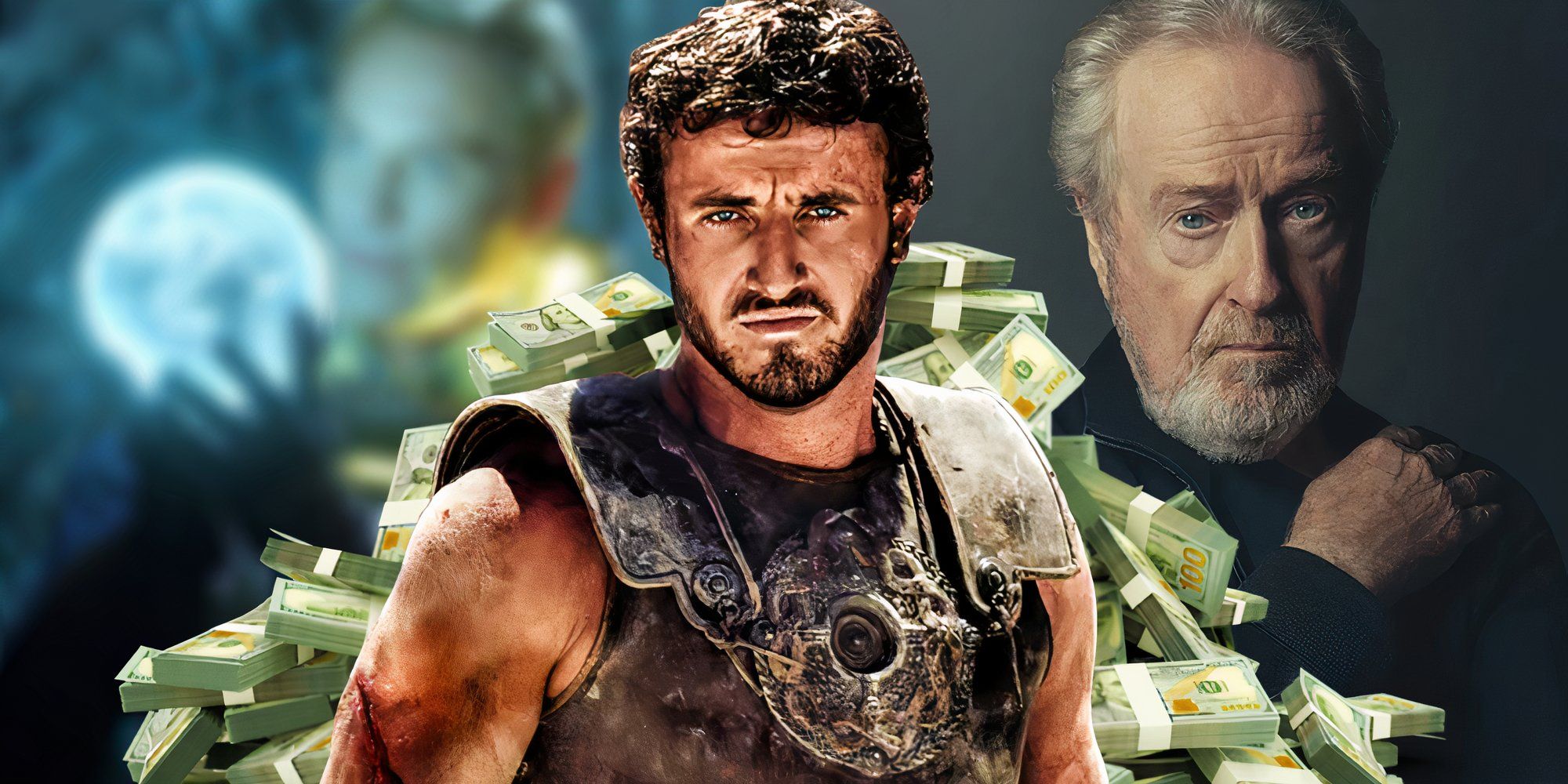 Paul Mescal's Lucius in Gladiator 2 (2024) above a pile of money, between a blurred image of Prometheus (2012) and Ridley Scott