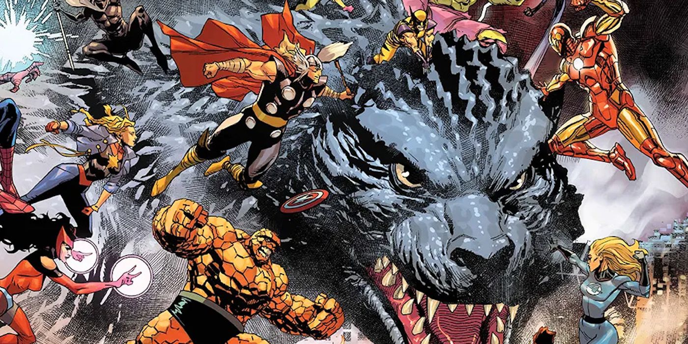 Godzilla vs Marvel Avengers Fighting in Comic Art