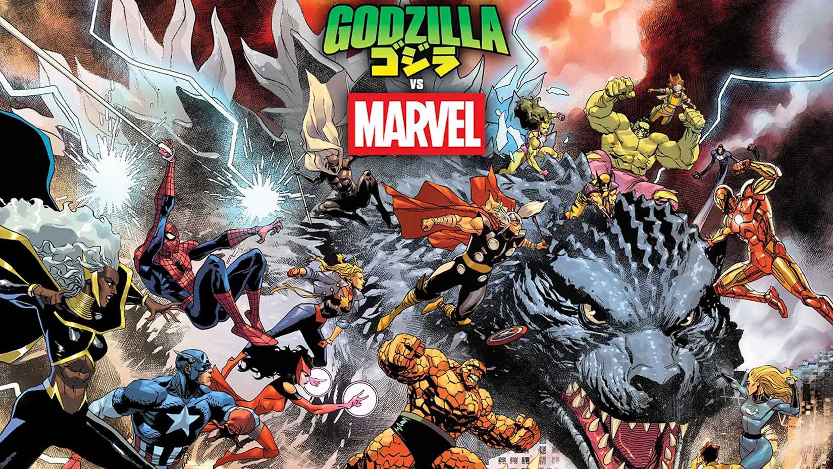 Comic book art: Avengers and Spider-Man fight Godzilla.
