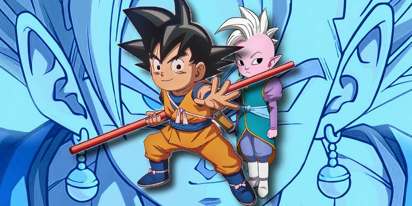 Goku and Shin from Dragon Ball Daima with a close-up shot of Vegito in the background.