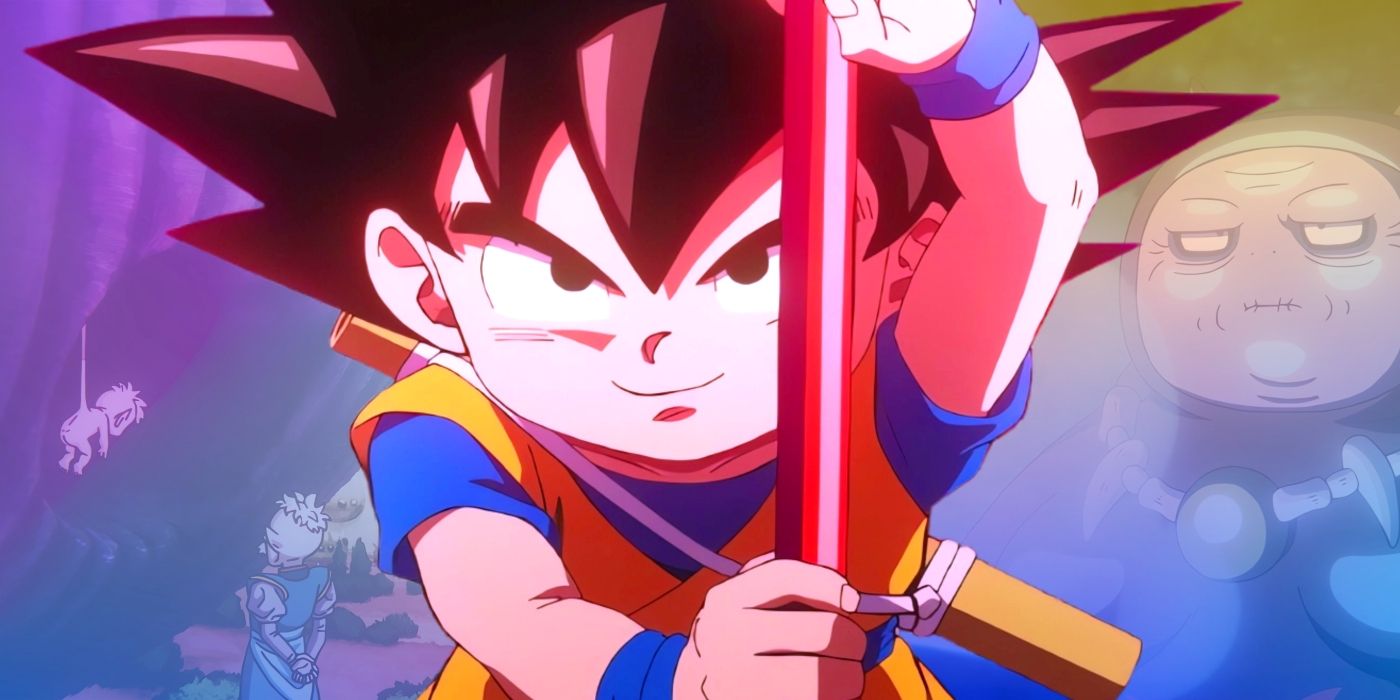 Goku standing with his bo staff in hand, ready for a fight. Behind him, the Glind tree and Marba can be seen.