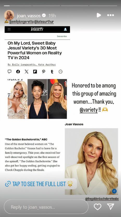 The Golden Bachelorette star Joan Vassos' Instagram Story about Variety&rsquo;s Powerful Women on Reality TV honor