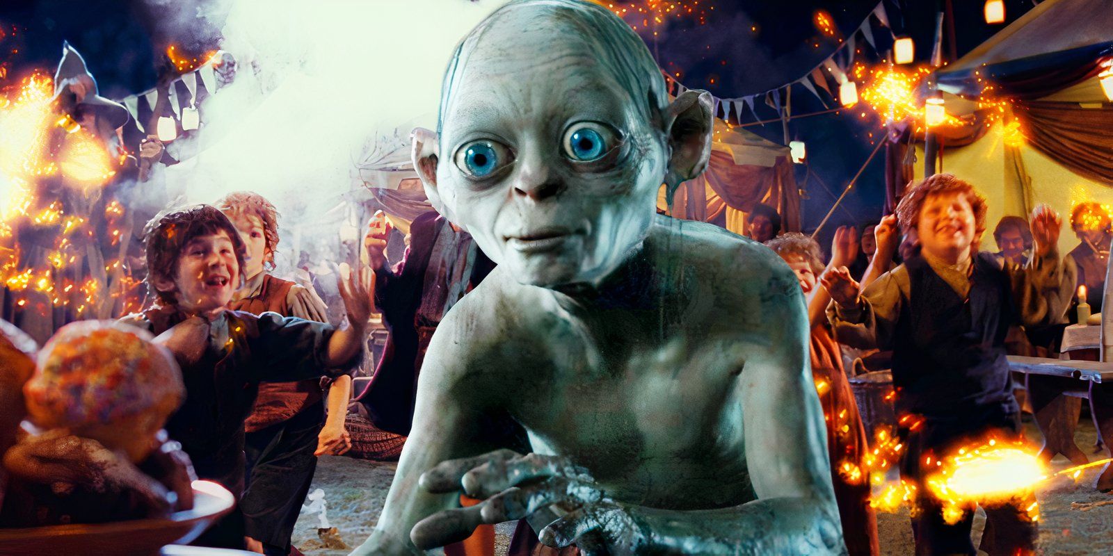 Gollum reaching for something in The Hobbit juxtaposed with Hobbit children playing in The Lord of the Rings The Fellowship of the Ring