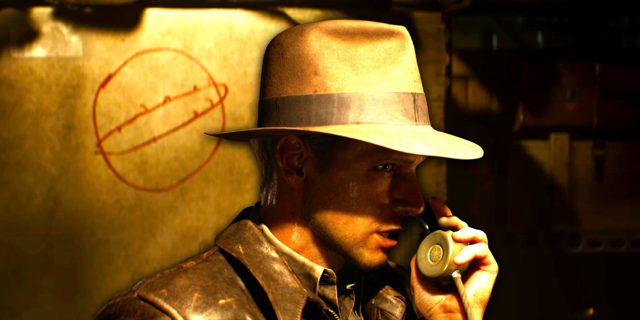 Indiana Jones on the phone in front of a diagram of the great circle in Indiana JOnes and the Great Circle