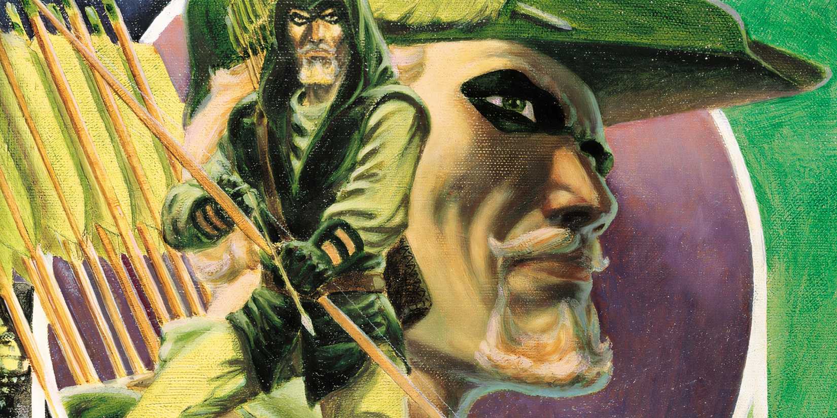 Comic book art: Green Arrow looks on somberly in two iterations of his costume.