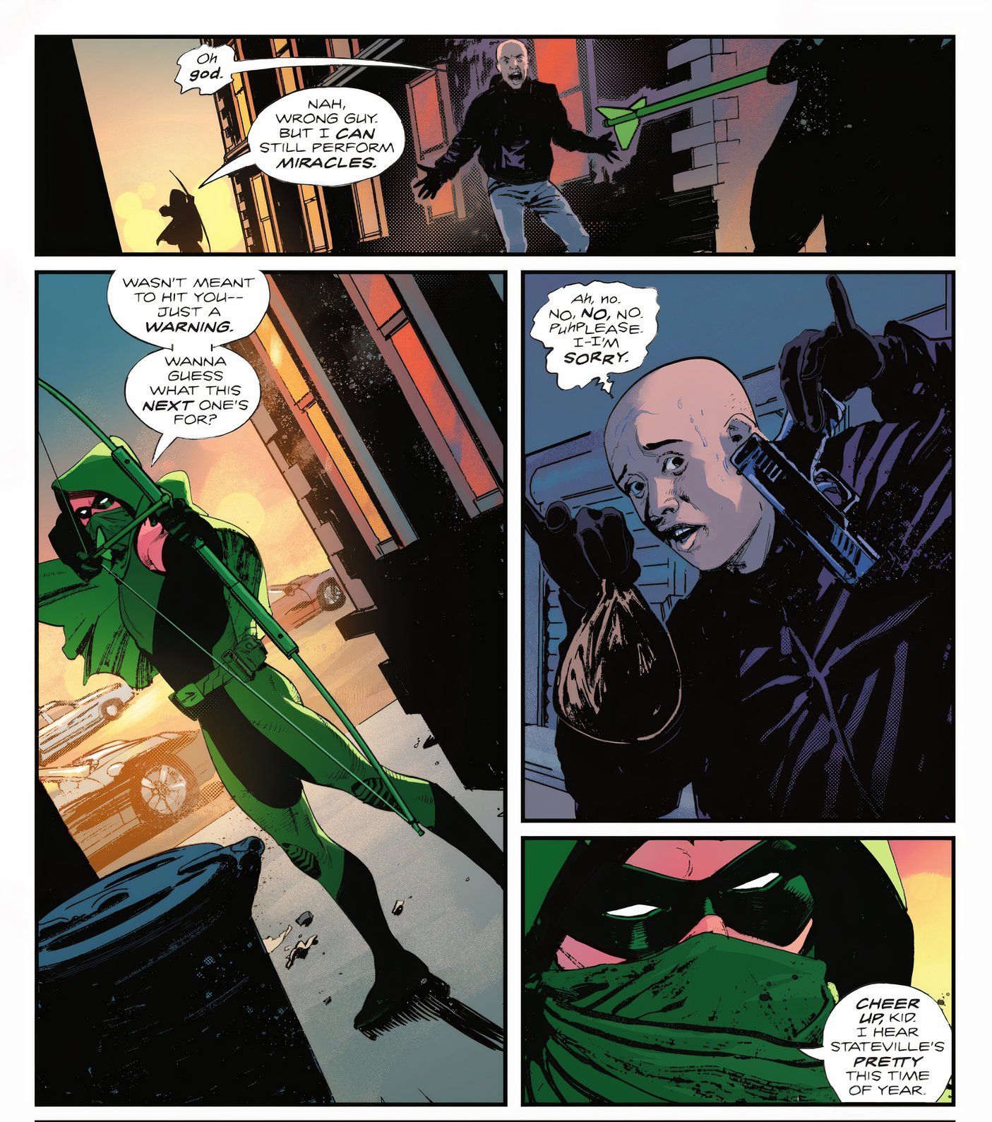 Comic book panels: Green Arrow appears in an alley in a new costume.