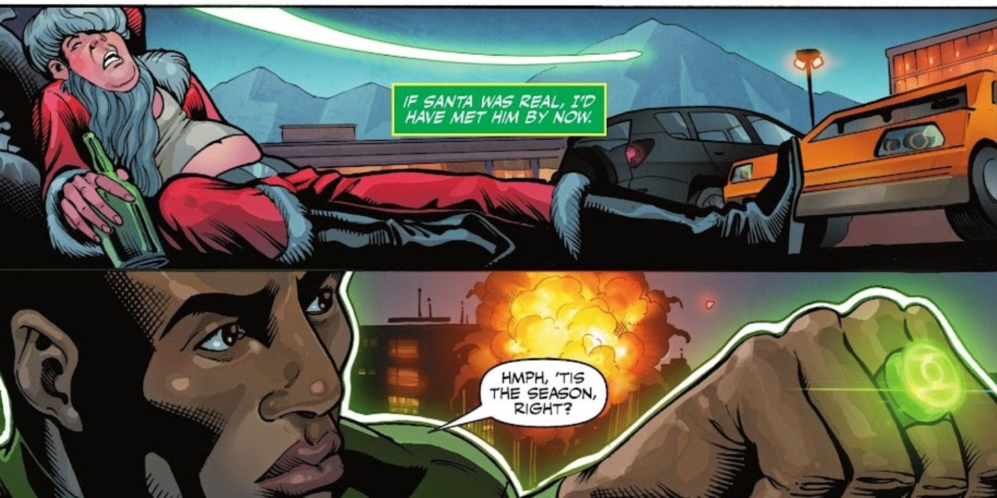 John Stewart patrols Metropolis on Christmas Eve while Santa Claus' sleigh crashes