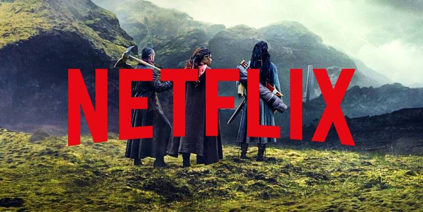 Group of people walking on a mountain for The Witcher: Blood Origin with the Netflix logo on top