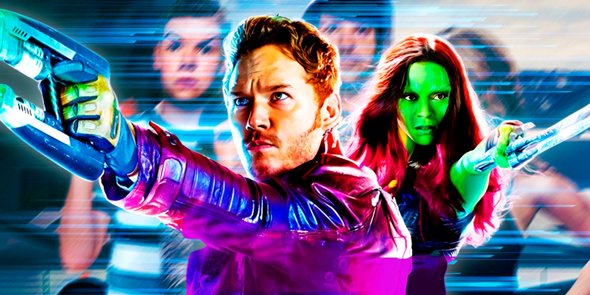 Star-Lord and Gamora in Guardians of the Galaxy in the foreground with the characters of We&rsquo;re The Millers blurry in the background