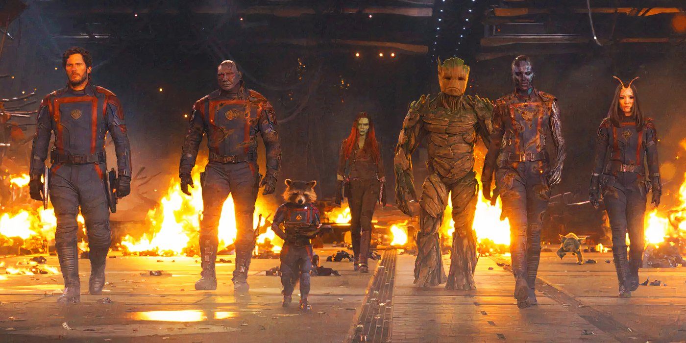 Guardians of the Galaxy walking to fight the High Evolutionary in Guardians of the Galaxy Vol. 3