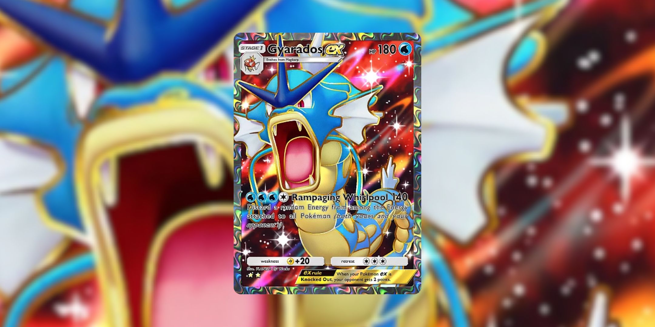 Una antigua carta de Gyarados con ilustración completa en Pokémon TCG Pocket Mythical Island.