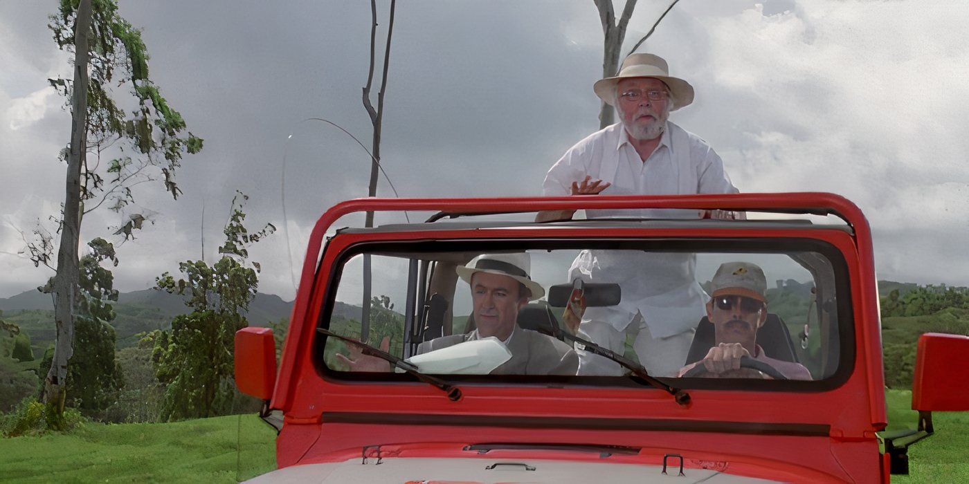 Hammond se asoma desde su Jeep en Jurassic Park.