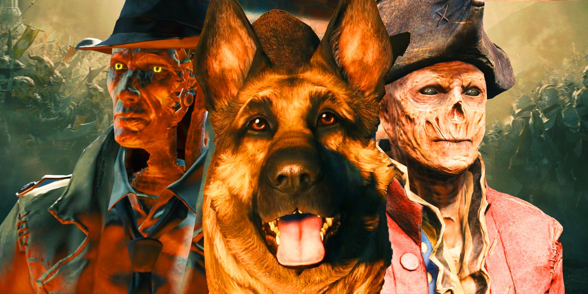 Hancock, Nick Valentine and Dogmeat from Fallout 4 with elder scrolls enemies.