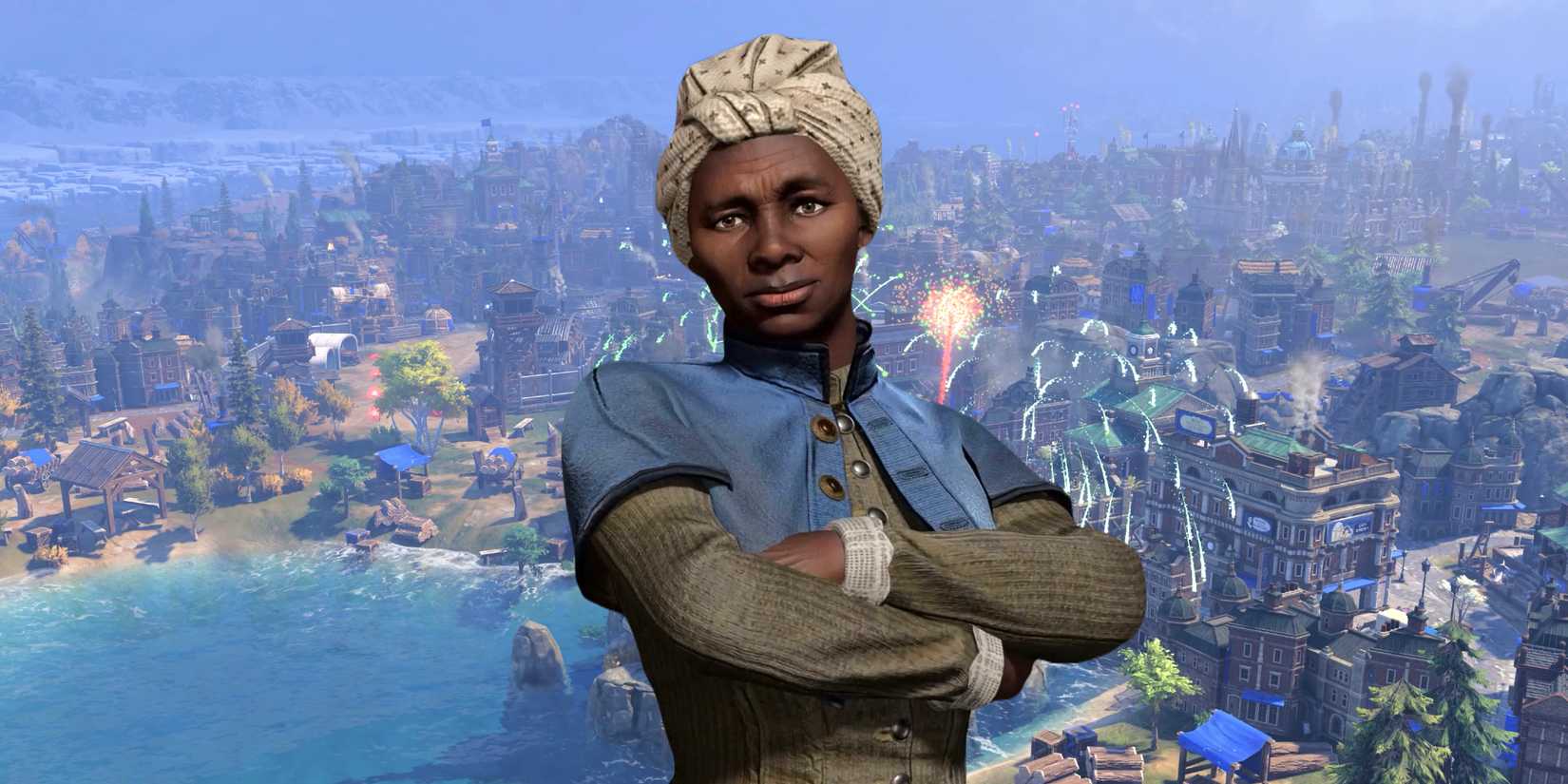 Harriet Tubman crosses her arms in front of a wide view of the map in Civ 7, with fireworks going off.