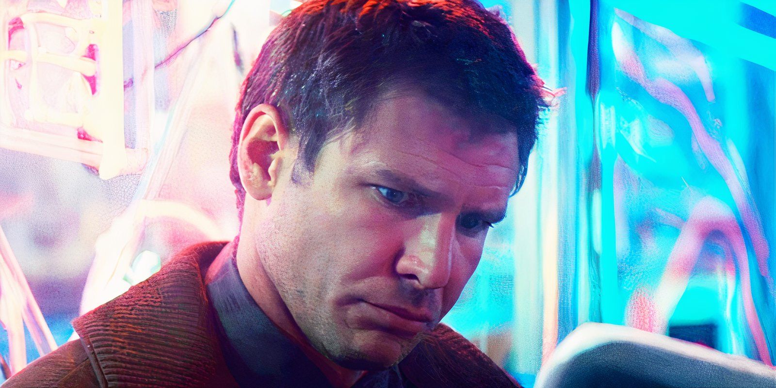 Harrison Ford looking down as Deckard in Blade Runner