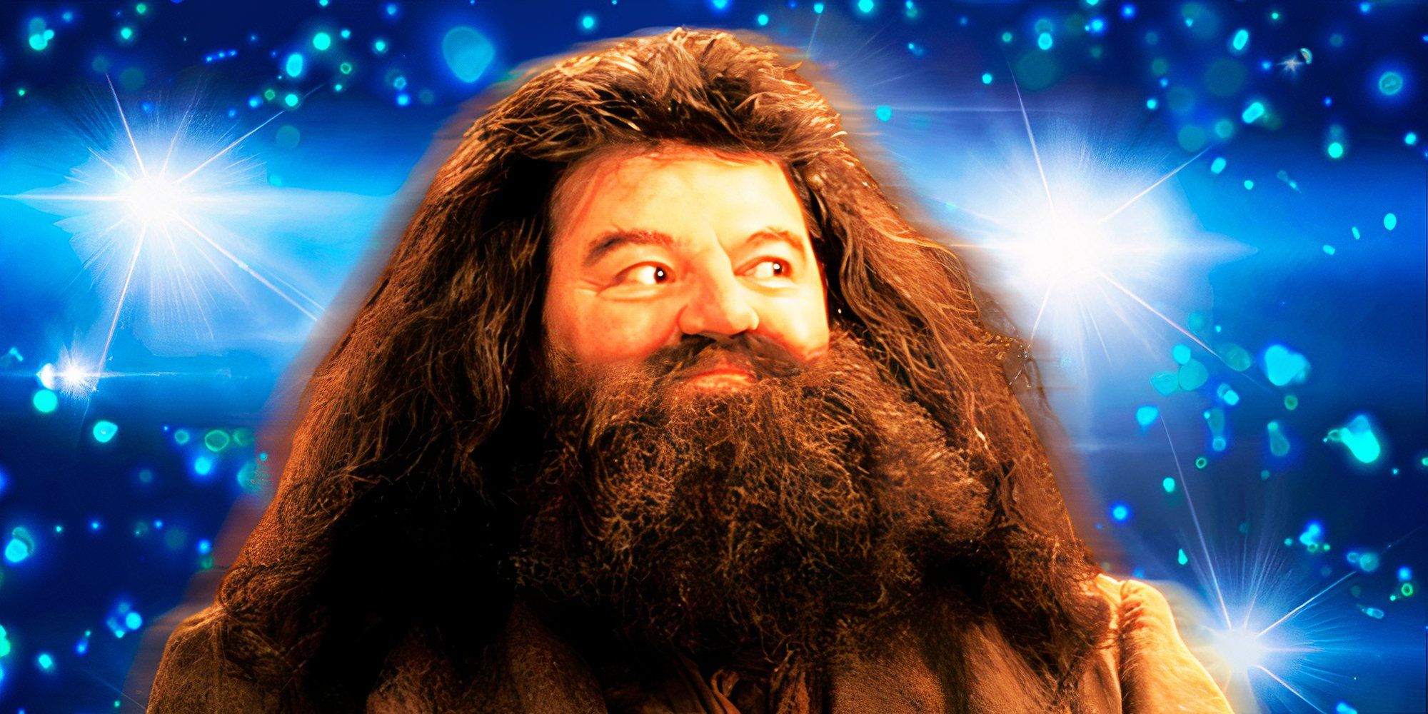 Harry Potter Hagrid happy with flashing lights in the background