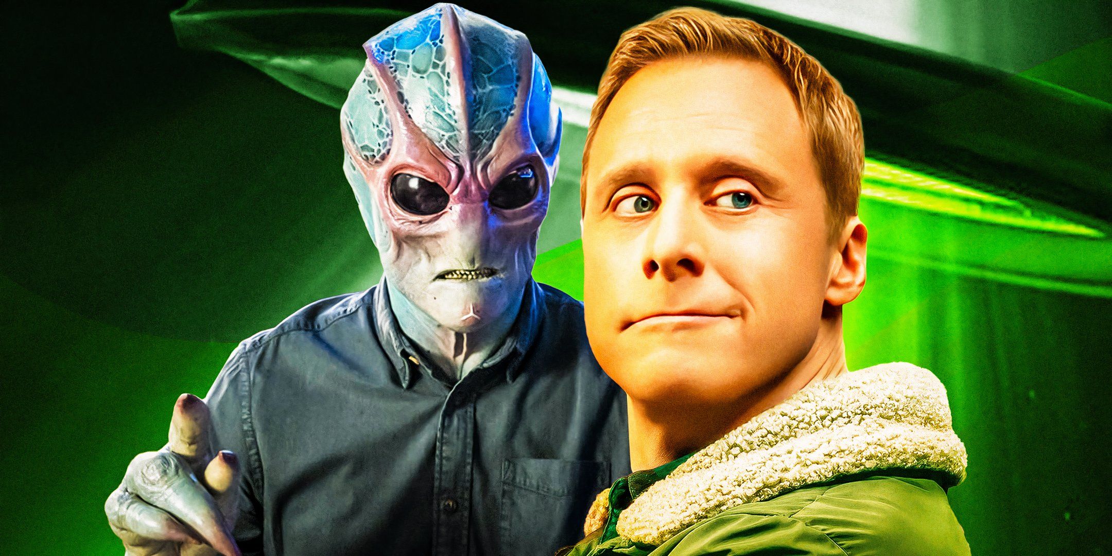 Custom Resident Alien image of Alan Tudyk in his human and aliens forms as Harry Vanderspeigle