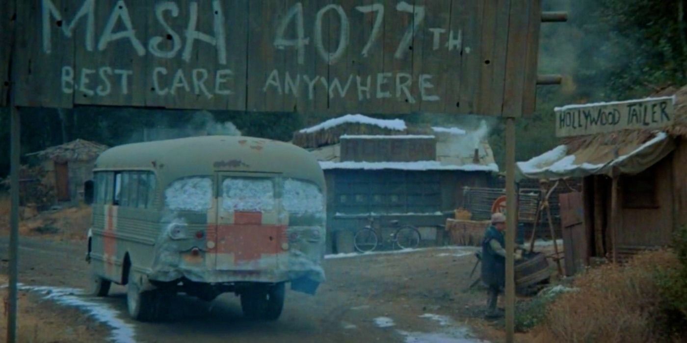 Hawkeye's bus leaving the 4077th camp in MASH's The Late Captain Pierce