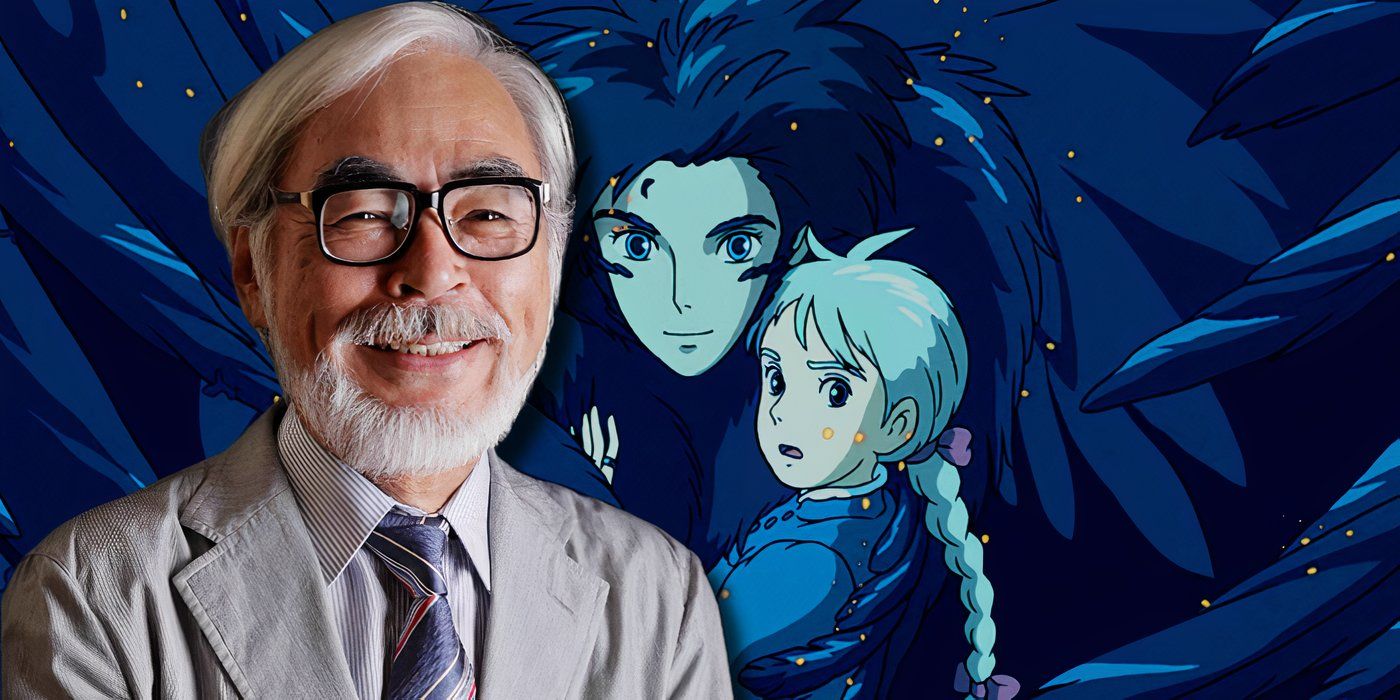 Hayao Miyazaki smiling in front of a still from Howl's Moving Castle.