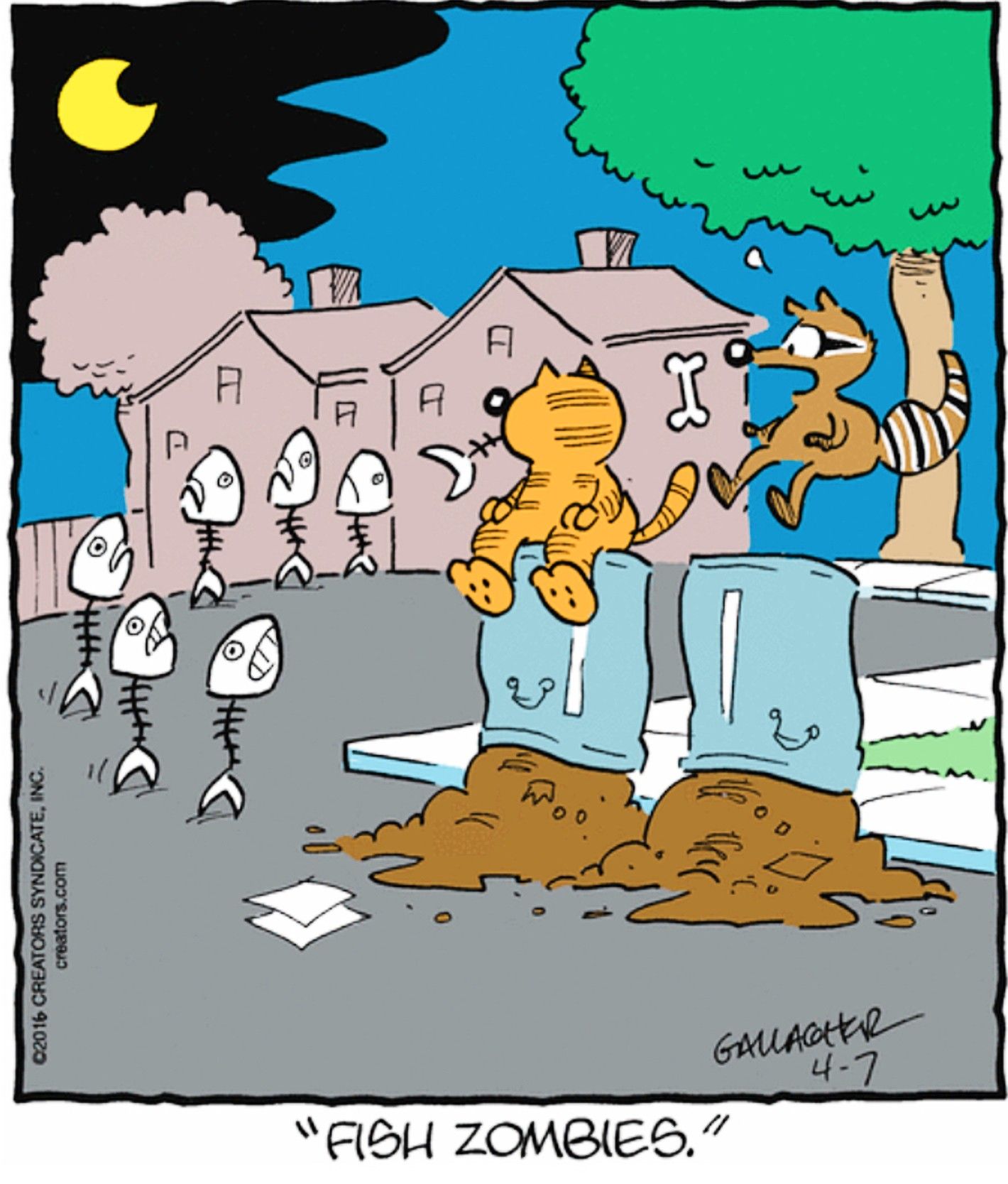 Heathcliff, April 11, 2016, Heathcliff and his racoon friend are confronted by fish zombies