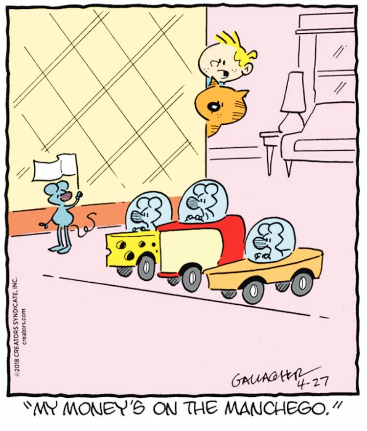 Heathcliff, April 27, 2018, mice race in cars made out of cheese