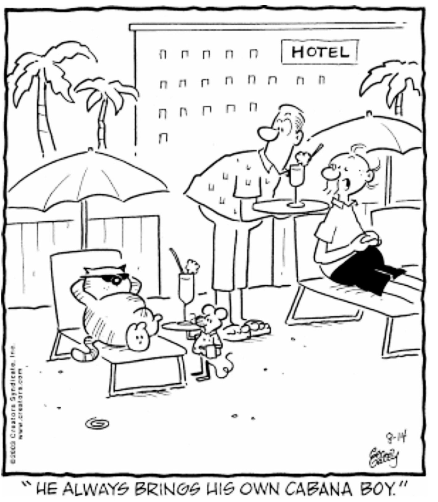 Heathcliff, August 14, 2003, Heathcliff brings a rat along on vacation as a cabana boy