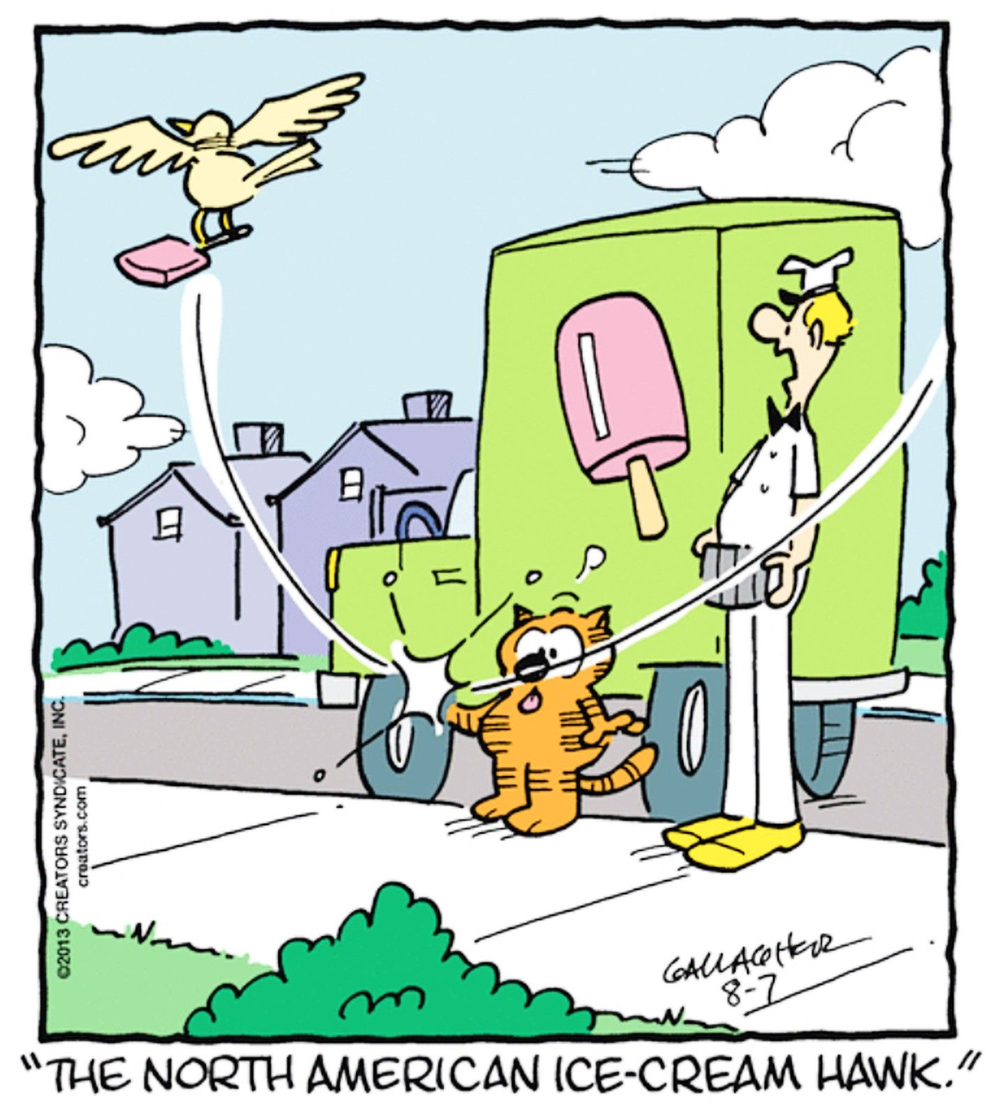 Heathcliff, August 7, 2013, 'the North American ice cream hawk' steals Heathcliff's ice cream