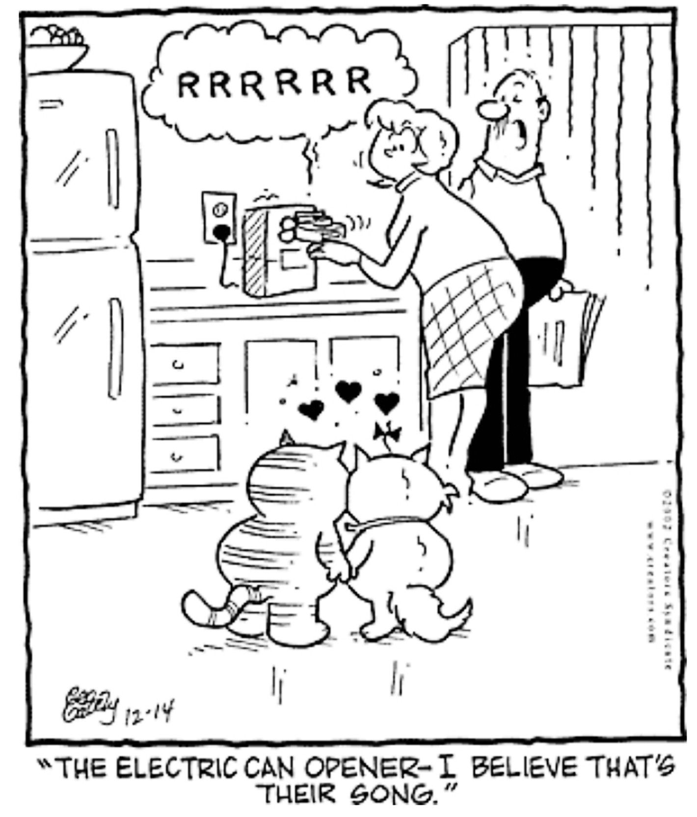 Heathcliff, December 14, 2002, Heathcliff and his girlfriend are drawn to the kitchen by the sound of the can opener