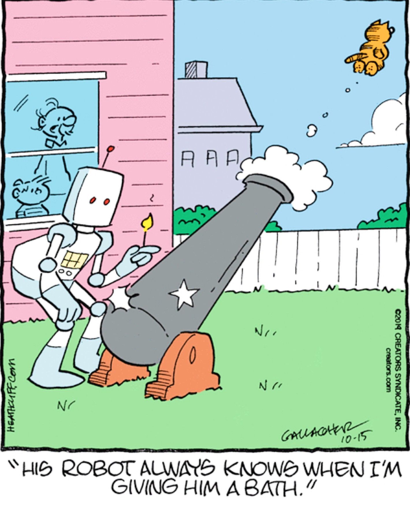 Heathcliff, October 15, 2019, Heathcliff's robot butler shoots him out of a cannon