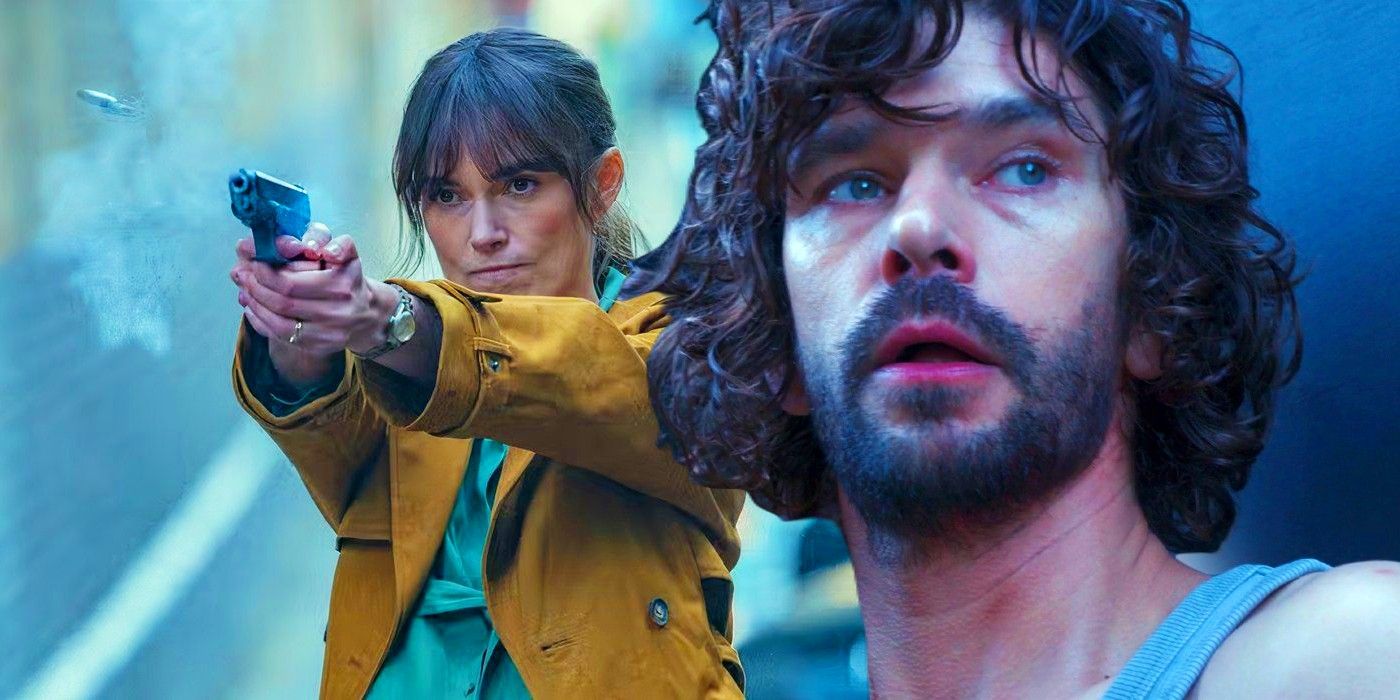 Helen Webb (Keira Knightley) firing a pistol and Sam Young (Ben Whishaw) looking scared in Black Doves