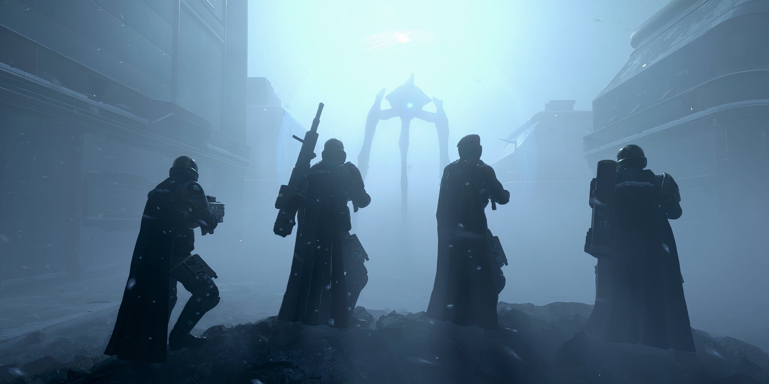 Four Helldivers looking toward an Illuminate Harvester, a towering squid-like alien, in the distance.