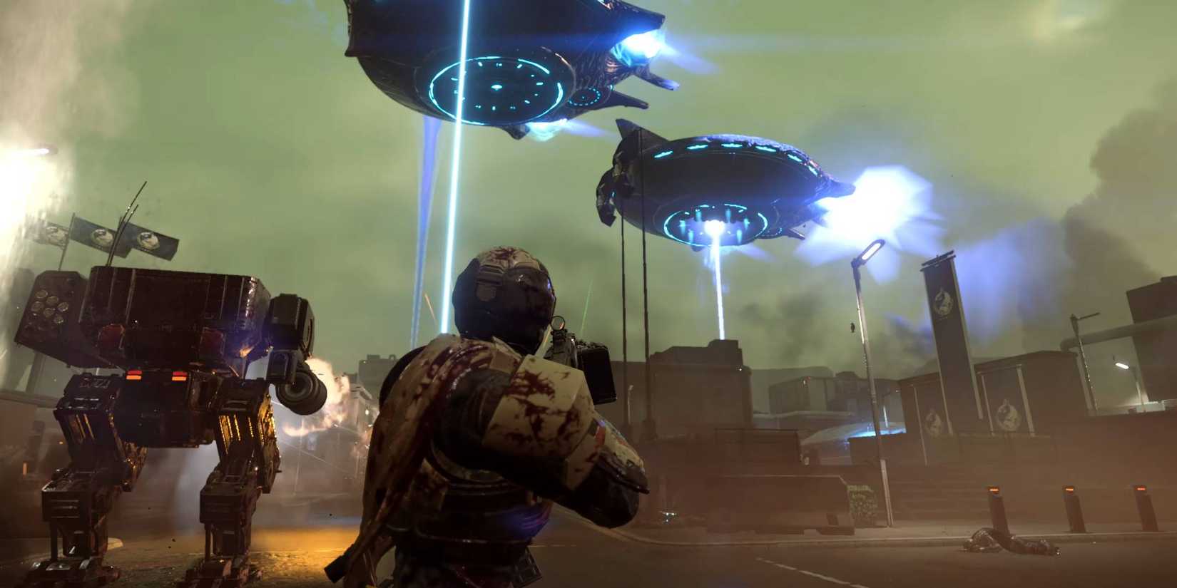 Helldivers 2 Illuminate ships dropping enemies off in front of players.