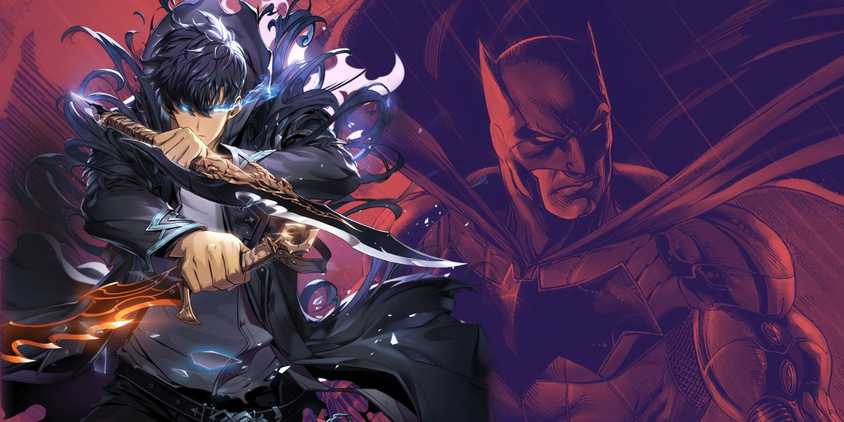 Jinwoo from Solo Leveling weilding swords in front of Batman