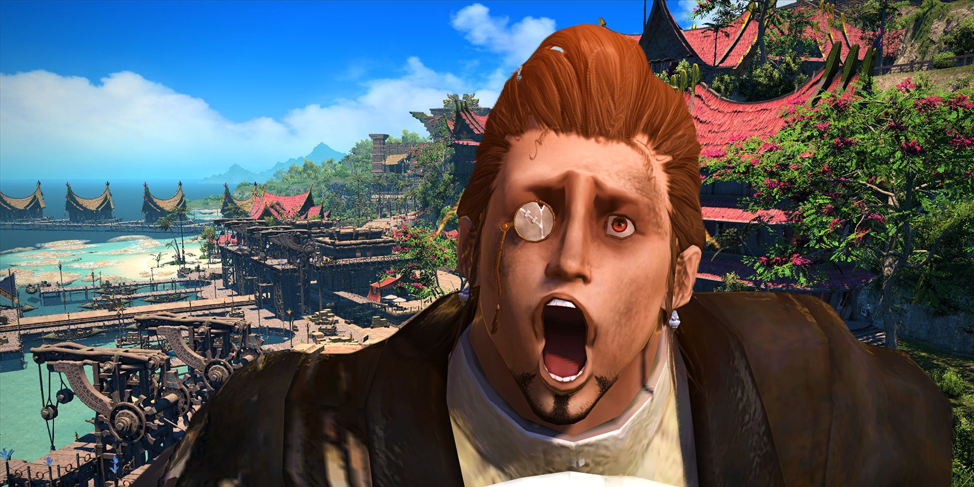 Hildibrand Manderville, mouth open in a comedic expression, in front of the tropical scenery of Tuliyollal in FFXIV.